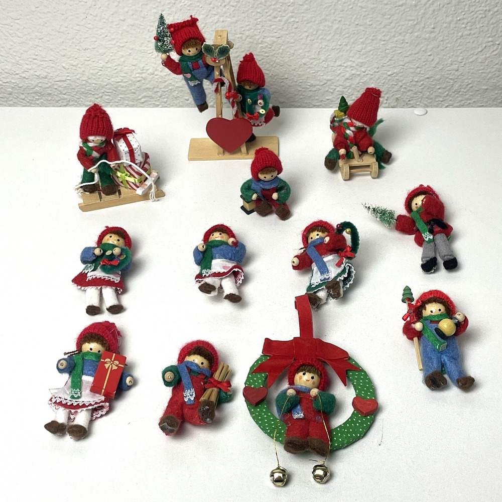 Vintage Wooden Christmas Figurines Knit Hats Folk Art Holiday Decor Lot of 12